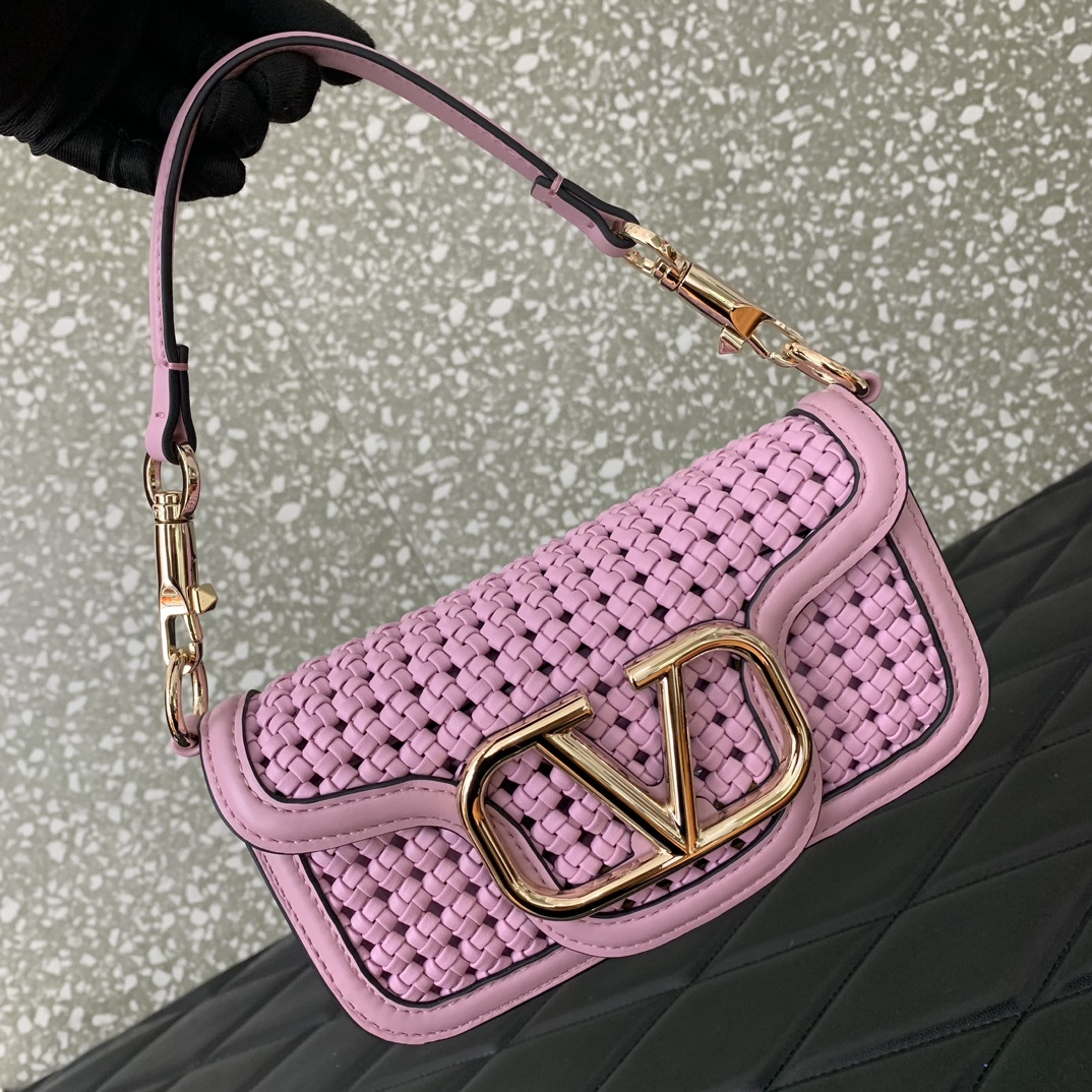 Valentino Garavani Loco Small Shoulder Bag in Pink Metallic Woven Leather 